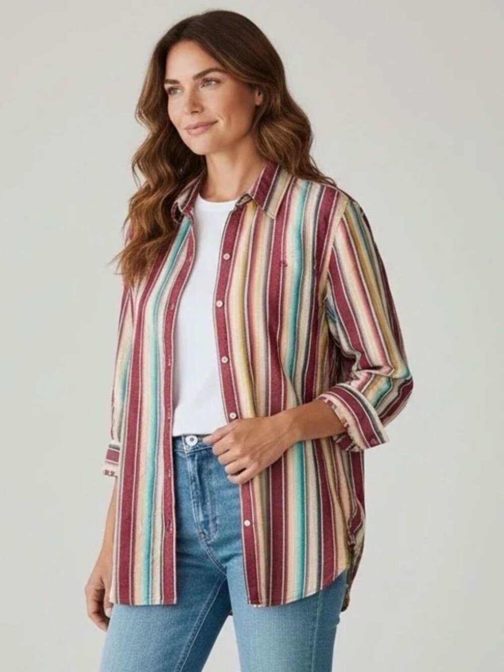 RALPH LAUREN SW Color Palette Striped Linen Blend Button Blouse - Picture 1 of 4